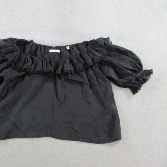 DOEN Samara Top Womens Small Black Ramie Tencel Blend Lace Ruffles Puff Sleeve - Picture 6 of 14